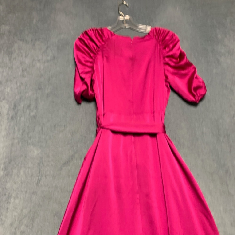 Kensie Faux Wrap Dress Womens 6 Hot Pink Ruched Sleeves Ruffled Hem Tie waist - Picture 12 of 14